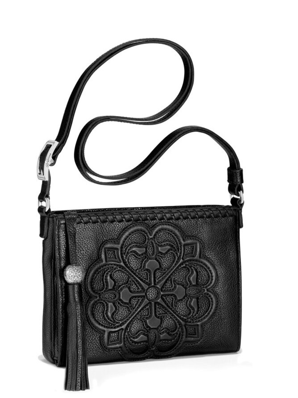 BRIGHTON Ferrara City Organizer Black Leather Architectural Tassel Crossbody Bag